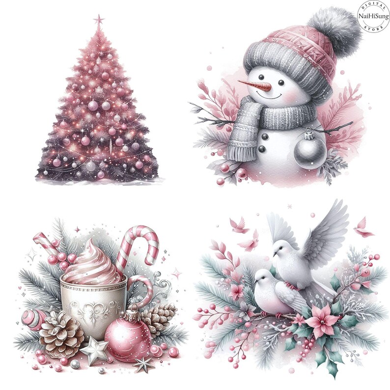 May include: Four watercolor-style Christmas digital prints featuring a pink Christmas tree, a snowman in a pink and gray hat and scarf, a hot cocoa cup with candy canes and pine cones, and two white doves perched on a wintery branch with pink flowers.  All designs are in soft pink, gray, and white tones, suitable for holiday cards, stationery, or scrapbooking.