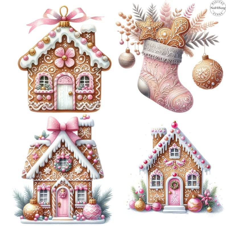May include: Four charming illustrations of pink and brown gingerbread houses, two larger and two smaller.  Each house features intricate details, including icing, candy, and decorative elements.  One image shows a pink stocking filled with gingerbread cookies and adorned with pastel embellishments.  All designs are festive and perfect for Christmas or holiday-themed projects.