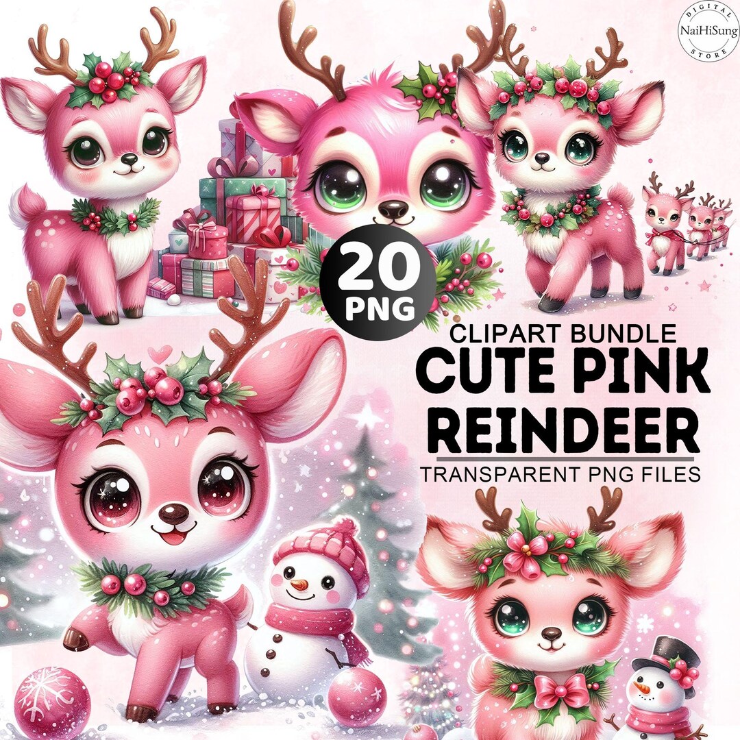 Watercolor Cute Pink Reindeer Clipart, Christmas PNG Funny Christmas ...