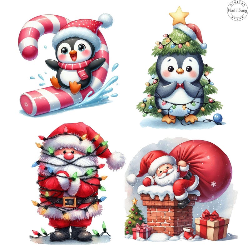 May include: Four adorable Christmas-themed illustrations featuring penguins and Santa Claus.  A penguin slides down a candy cane, another is nestled in a decorated Christmas tree, Santa is tangled in Christmas lights, and another Santa is emerging from a chimney with a sack.  The illustrations are in a cartoon style with bright colors, including red, green, white, and black.  The style is whimsical and festive, perfect for holiday-themed products or digital downloads.  The illustrations are digitally created and have a painted texture.  A watermark reads 'NailHSung'.