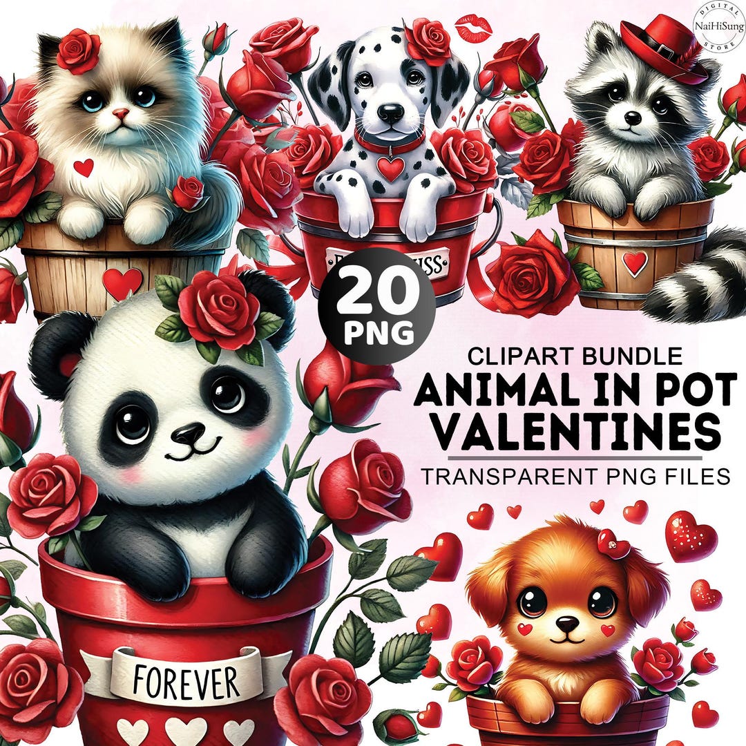 Watercolor Valentine Animals Clipart, 20 PNG Cute Animals Clipart ...