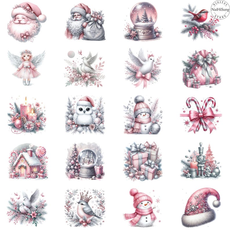 May include: A collection of twenty watercolor Christmas digital stickers.  The stickers feature various winter themes including snowmen, owls, angels, doves, snow globes, presents, candy canes, and Santa Claus.  The color palette is predominantly pink, white, and silver, creating a soft and elegant aesthetic.  These digital stickers are ideal for holiday crafting and digital design projects.