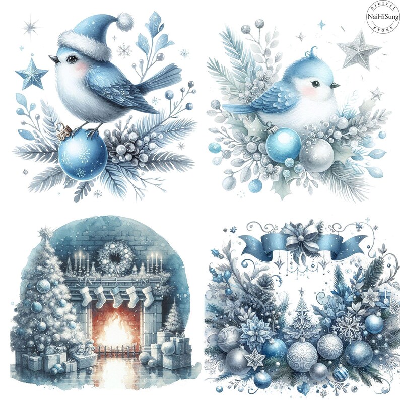 May include: Four watercolor Christmas illustrations featuring blue birds, ornaments, and winter scenes.  The top left shows a blue bird wearing a Santa hat amidst blue and white winter foliage and ornaments. The top right features a similar blue bird in a winter setting with blue and silver ornaments. The bottom left depicts a cozy fireplace scene with a Christmas tree and stockings. The bottom right showcases a winter arrangement with blue and silver ornaments and a small Christmas tree.
