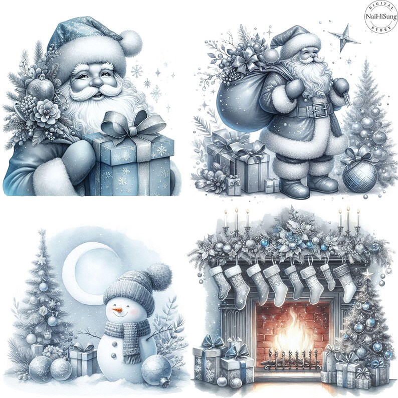 May include: Four digital illustrations of winter holiday scenes in cool blue tones.  Top left: Santa Claus holding a gift. Top right: Santa Claus with a sack of gifts. Bottom left: Snowman with a Christmas tree. Bottom right: Fireplace with stockings and Christmas tree.