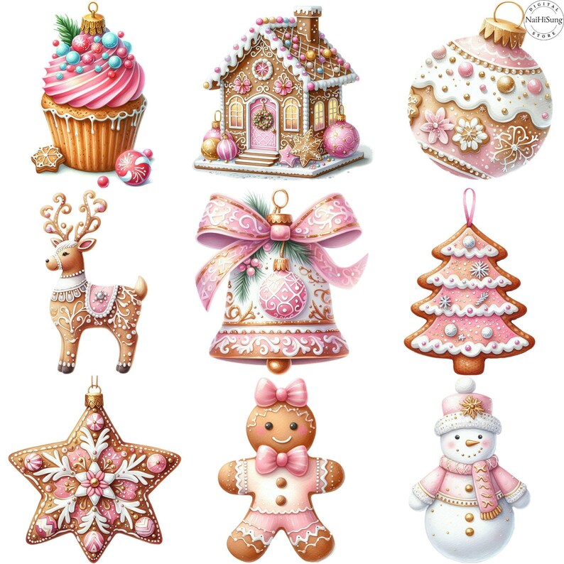 May include: Assorted pink and white Christmas themed decorations.  Items include a cupcake, gingerbread house, ornament, reindeer, bell, star, gingerbread man, and snowman.  All items are decorated with icing and feature pastel colors.  Perfect for holiday baking, crafting, or decorating.