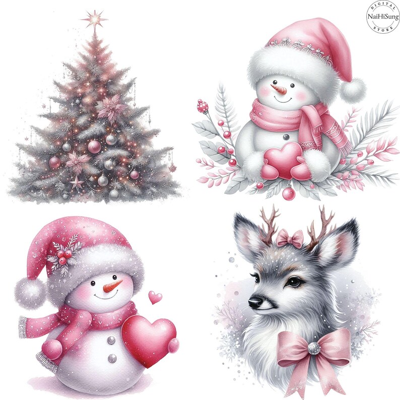 May include: Four charming Christmas-themed illustrations featuring a silver Christmas tree, two pink snowmen with hearts, and a cute deer with a pink bow.  The snowmen wear pink hats and scarves, and the deer has a soft, gray coat.  All elements are rendered in a soft, watercolor style, perfect for holiday cards, stickers, or digital scrapbooking.  The illustrations are set against a white background.  The image includes a watermark 'NailHSung'.