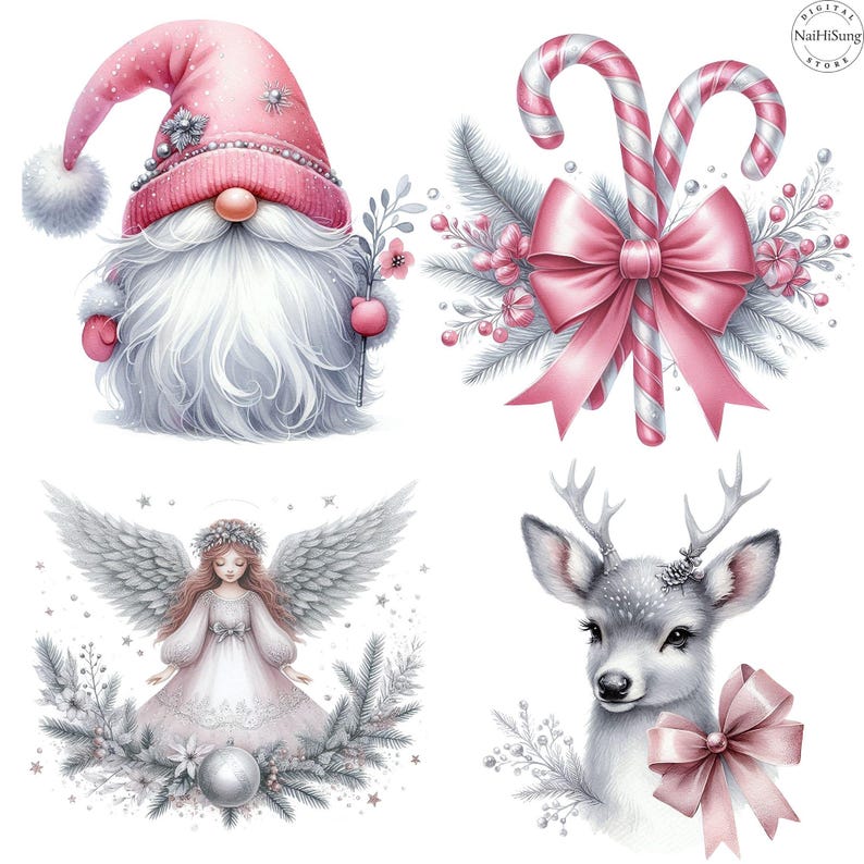 May include: Four charming Christmas-themed illustrations featuring a pink gnome, candy canes with a pink bow, a cherubic angel with wings, and a sweet reindeer.  Each element is rendered in soft, pastel colors, creating a delicate and festive mood. The designs are ideal for holiday cards, stickers, or digital prints.