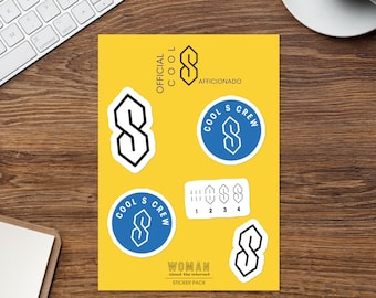 May include: A sticker pack on a yellow background featuring the "Cool S" design in various forms. The pack includes stickers with the text "OFFICIAL COOL," "COOL S CREW," and "WOMAN About the Internet STICKER PACK."