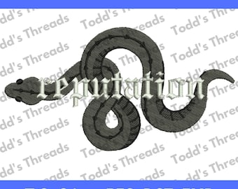 Reputation themed TS embroidery design with snake details, 7.8x3 in, pes, dst, emb, with color chart, ready to embroider, swifties eras tour
