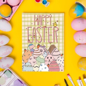 Carte de Pâques, Lapin mignon et oeufs colorés, Fête du printemps, Cartes faites main pour voeux de Pâques, Lapin de Pâques, Carte de voeux de Pâques
