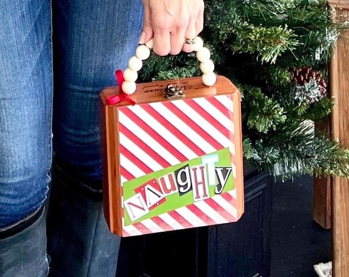 Featured listing image: Christmas Holiday Handbag: Red and Green Candy Cane Stripes, Naughty or Nice Funny Quote, Upcycled Wood Cigar Box Purse