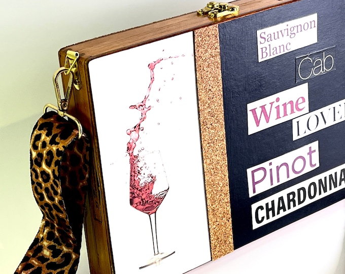 Featured listing image: Wine Lover Cigar Box Purse, Cork Handbag with Cheetah Print Crossbody Strap, Red Wine Theme Gift, Black & White Upcycled Purse