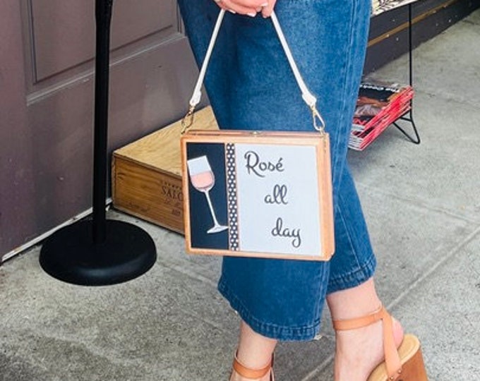 Featured listing image: Rosé all Day Handbag, Rosé Wine Theme Purse with Polka Dots, Black and White Cigar Box Purse, Wine Tasting Bachelorette Handbag