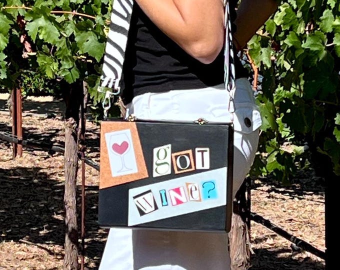 Featured listing image: Wine Purse, Got Wine? Funny Wine Quote Gift, Black & Silver Cigar Box Purse, Zebra Print Crossbody Bag, Gift for Mom, Red Wine Lover