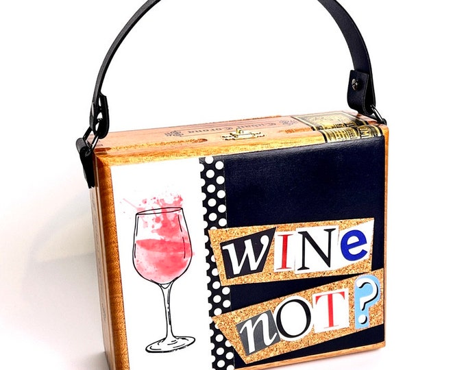 Featured listing image: Wine Tasting Handbag, Cork & Wood Cigar Box Purse with Rosé Wine Theme, Wine Lover Purse, Funny Quote Polka Dot Black and White Bag