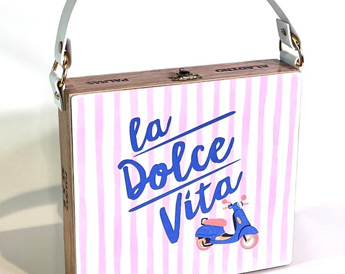 Featured listing image: La Dolce Vita Italy Handbag, Italian Vacation Purse, Pink & White Striped Summer Purse, Vintage Vespa Scooter, Amalfi Capri Positano