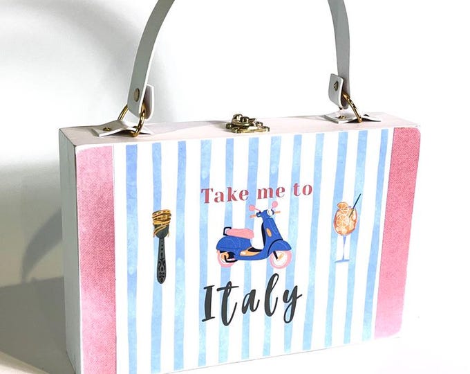 Featured listing image: Take Me To Italy Handbag, Italian Amalfi Vacation Purse, Blue & White Striped Summer Bag, Scooter Vespa Aperol Spritz, Wood Cigar Box Purse