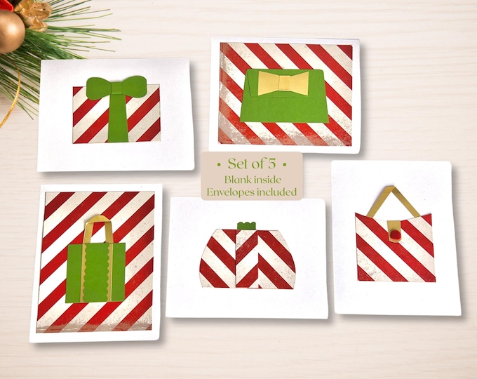 Featured listing image: Holiday Christmas Card Set: Red & Green Striped Embellished Mini Handbags, Handmade 3D Purse Themed Cards, Candy Cane Print