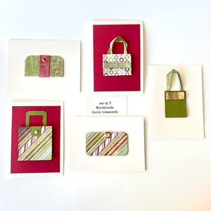 Jeu de cartes sur le thème du sac à main des Fêtes, cartes pour mini-sacs de Noël rouges et verts embellis, cartes pour lettres de mode glamour, cartes en trois dimensions