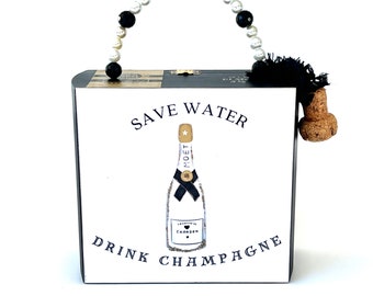 Drink Champagne Handbag | Black & Gold Box Purse | Black Tie Accessory | Upcycled Cigar Box Bag