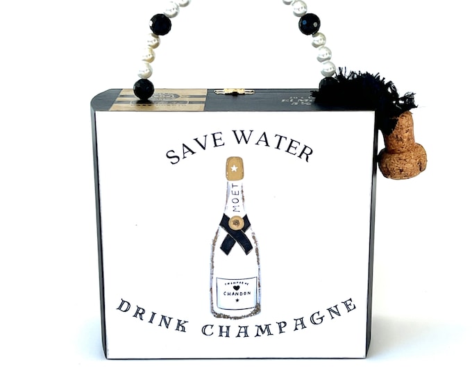 Featured listing image: Champagne Theme Cigar Box Purse, Black & Gold New Year's Eve Purse, Bachelorette Handbag, Funny Champagne Quote Bag