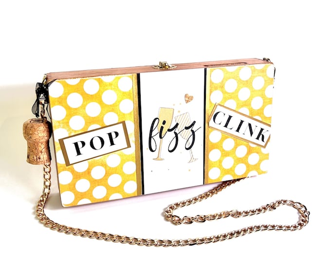 Featured listing image: Champagne Bubbly Purse, Pop Fizz Clink, Yellow & White Polka Dot Purse, Upcycled, Chevron Print, Wedding Guest Handbag, New Year's Eve Bag