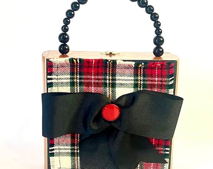 Featured listing image: Tartan Plaid Handbag with Oversized Bow, Holiday Christmas Party Purse, Red and Black Cigar Box Purse with Beaded Handle