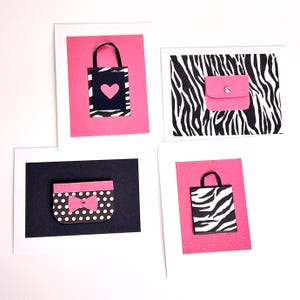 Jolies cartes d'anniversaire pour fille, lot de cartes sur le thème du sac à main, cartes de remerciement à imprimé zèbre noir et rose, mini-sacs à main agrémentés