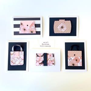 Jeu de cartes roses et noires ornées de fleurs, cartes de vœux en or rose sur le thème d'un sac à main, cartes de remerciement glamour pour mini sac à main pour fille, cartes de demoiselle d'honneur