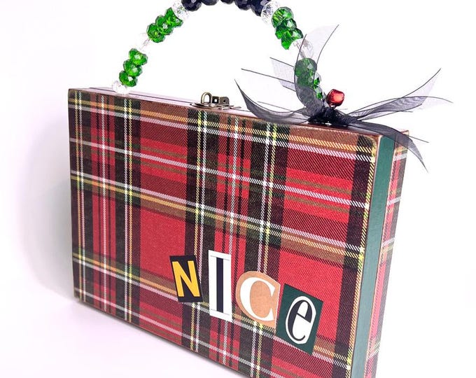 Featured listing image: Christmas Red and Green Tartan Plaid Cigar Box Purse, Naughty or Nice Holiday Party Handbag, Funny Holiday Gift