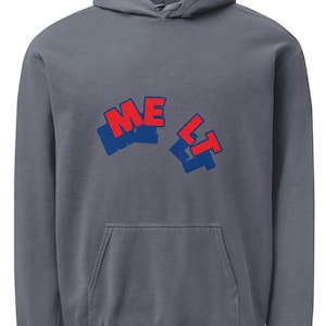 May include: A gray hoodie with a front pocket and a hood. The word "ME" is printed in red over a blue rectangle, and the word "LT" is printed in red over a blue rectangle.