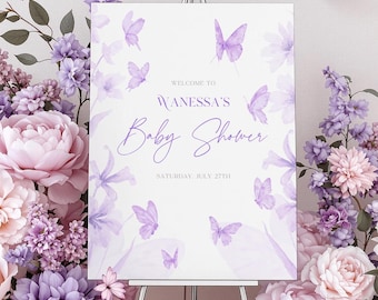 Butterfly Welcome Sign Printable, Butterfly Baby Shower Welcome Sign, Purple Butterflies Baby Shower Welcome Sign, Girl Baby Shower Lavender