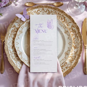 Butterfly Menu Template, Purple Printable Baby Shower Menu, Wildflower and Butterflies Menu, Editable Menu, Lavender Lilac Floral Baby Menu