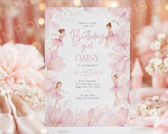 May include: A pink floral birthday invitation with the text "Birthday girl DAISY" and ballet dancer illustrations. The invitation includes the date, time, and RSVP information. Ballet shoes are in the foreground.