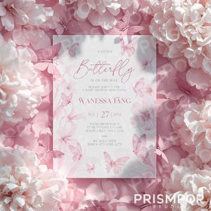 May include: A baby shower invitation with a pink butterfly theme. The invitation features the text "A Little Butterfly is on the Way" and details for the event, including the date, time, and location. The background is adorned with pink butterflies and flowers.