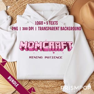 Momcraft PNG-Bundle | Gamer Mom Design | Lustige Minecraft-inspirierte Mutter PNG mit Text | Retro pixelige rosa Kunst |
