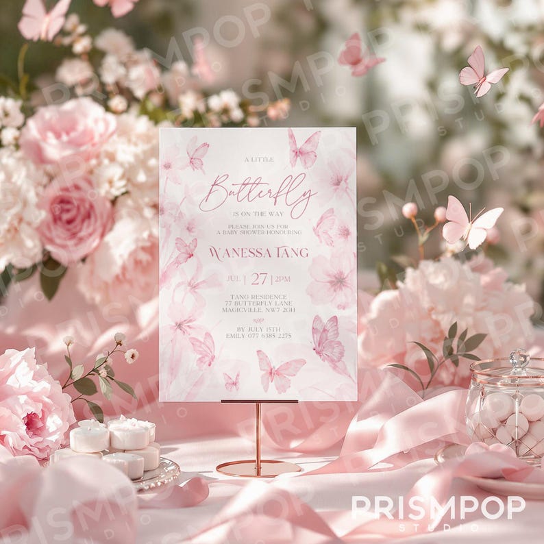 An elegant image featuring a delicate baby shower invitation elegantly displayed on a gold stand amid soft pink silk fabric, blush-toned roses, white blossoms, greenery, and gentle pastel butterflies gracefully floating in the background. The invitation showcases refined pink watercolor butterflies and florals, with sophisticated typography reading, "A Little Butterfly is on the Way," celebrating Wanessa Tang. Soft natural lighting and blurred botanical details lend a serene, airy.