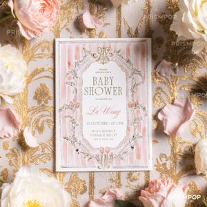May include: A baby shower invitation with a pink and white striped design, framed by a floral border. The invitation text includes "Baby Shower", the name "Lu Wong", and event details. The image is surrounded by pink and white flowers.