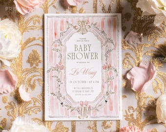 Vintage Baby Shower Invitation, Baroque Blush Invitation Template, Pink French Style Bridal Shower, Girl Baby Shower, Baby Girl Invite