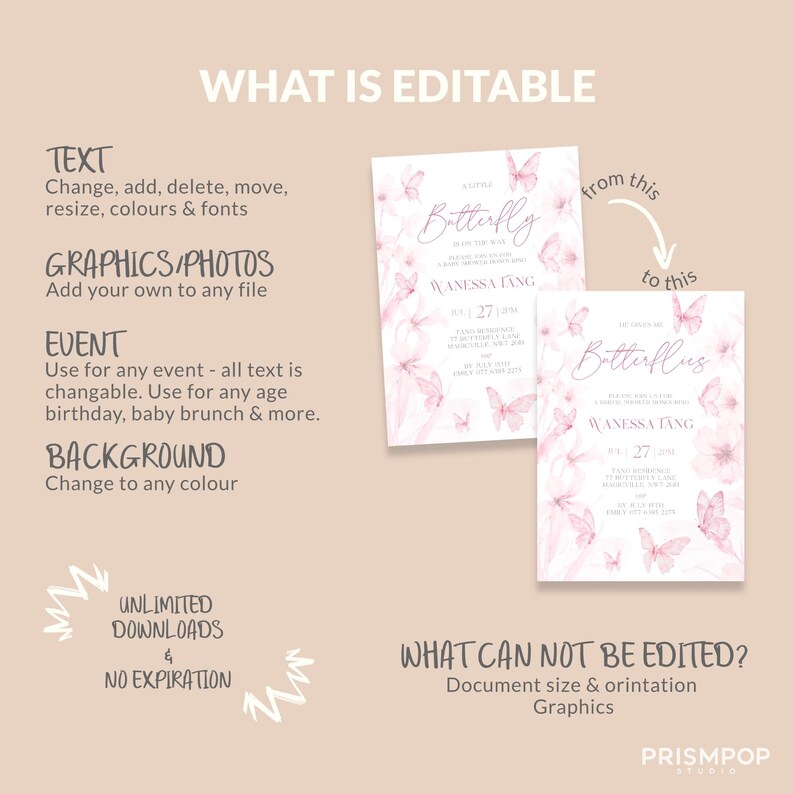 May include: A digital invitation design with a soft pink and white butterfly theme. The text reads "A Little Butterfly" and includes event details. The image also highlights editable features like text, graphics, and background.