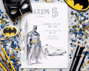 Superhero Birthday Invitation, Bat Editable Canva Template, Any Age, Novelty Party Invite, Pencil Drawing