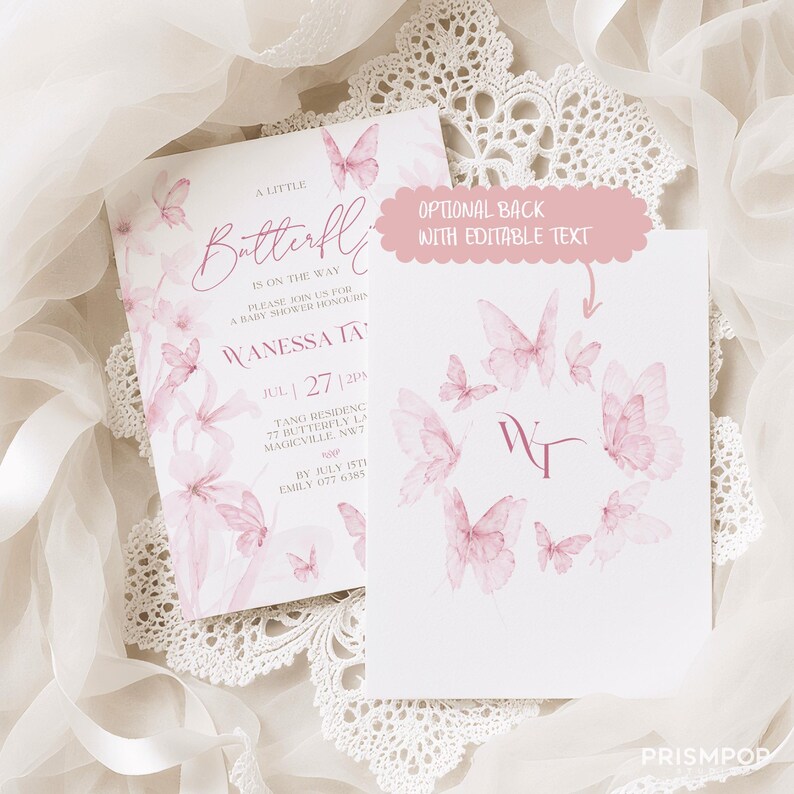 An elegant flat lay image featuring a soft pink baby shower invitation card surrounded by beautiful pink and white floral arrangements and paper butterfly decorations. The card includes delicate watercolor butterfly illustrations and sophisticated pink script typography that reads "A Little Butterfly is On the Way," inviting guests to a baby shower honoring Wanessa Tang. Soft shadows and natural light add depth to the image, creating a romantic, refined.