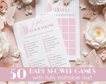 50 Butterfly Baby Shower Games Pack, Pink Butterfly Editable Games Bundle, Girl Baby Shower, Butterflies and Flowers Blush