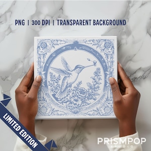 Marco floral de colibrí Toile PNG / Clipart de pájaro azul vintage / Descarga digital de estilo francés para impresión a pedido y manualidades / Diseño de azulejos