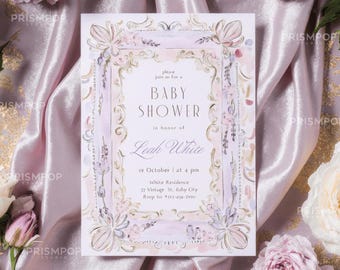 Vintage Baroque Lilac Baby Shower Invitation Template, Royal French Style Bridal Party Invite, Artdeco