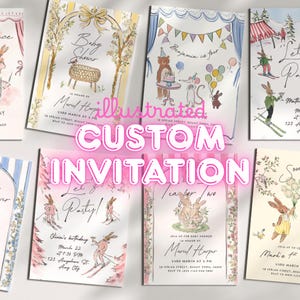 May include: A collection of custom illustrated invitations. Designs include baby shower, birthday, and party themes. Each invitation features watercolor illustrations of animals, floral elements, and event details. The text "Illustrated Custom Invitation" is overlaid.