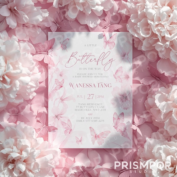 Butterfly Baby Shower Invitation, Pink Butterfly Invitation Template, Butterfly Baby Shower Invitation Girl, Butterflies and Flowers Blush
