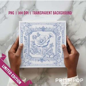 Cadre floral en toile de pavot PNG | Clipart botanique bleu vintage | Téléchargement numérique country français | Conception de carreaux | Faire-part de mariage élégant