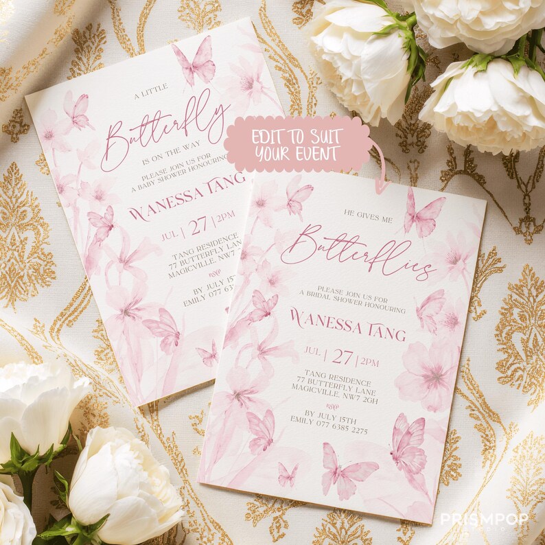 An elegant flat lay image featuring a soft pink baby shower invitation card surrounded by beautiful pink and white floral arrangements and paper butterfly decorations. The card includes delicate watercolor butterfly illustrations and sophisticated pink script typography that reads "A Little Butterfly is On the Way," inviting guests to a baby shower honoring Wanessa Tang. Soft shadows and natural light add depth to the image, creating a romantic, refined.
