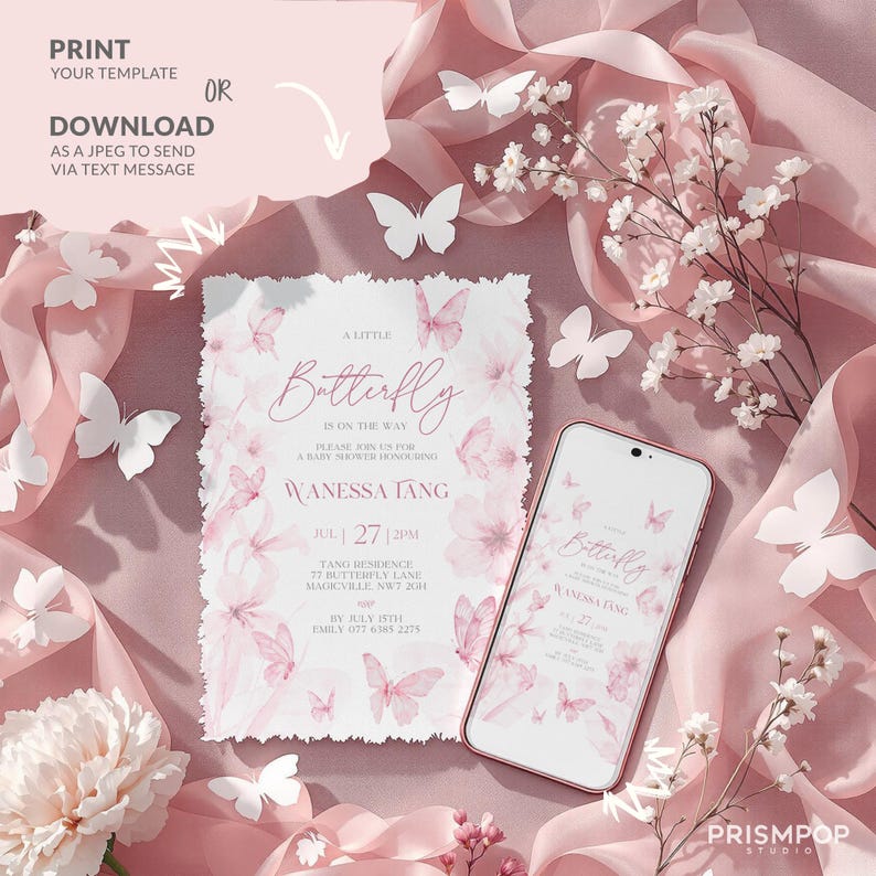An elegant flat lay image showcasing a soft pink butterfly-themed baby shower invitation card and matching digital invitation displayed on a smartphone. The delicate invitation features watercolor-style pink butterflies, floral details, torn paper edges, and elegant pink typography reading "A Little Butterfly Is On The Way" for Wanessa Tang. Surrounded by decorative paper butterflies, gentle pink silk ribbons, baby's breath, white flowers, and soft shadows.